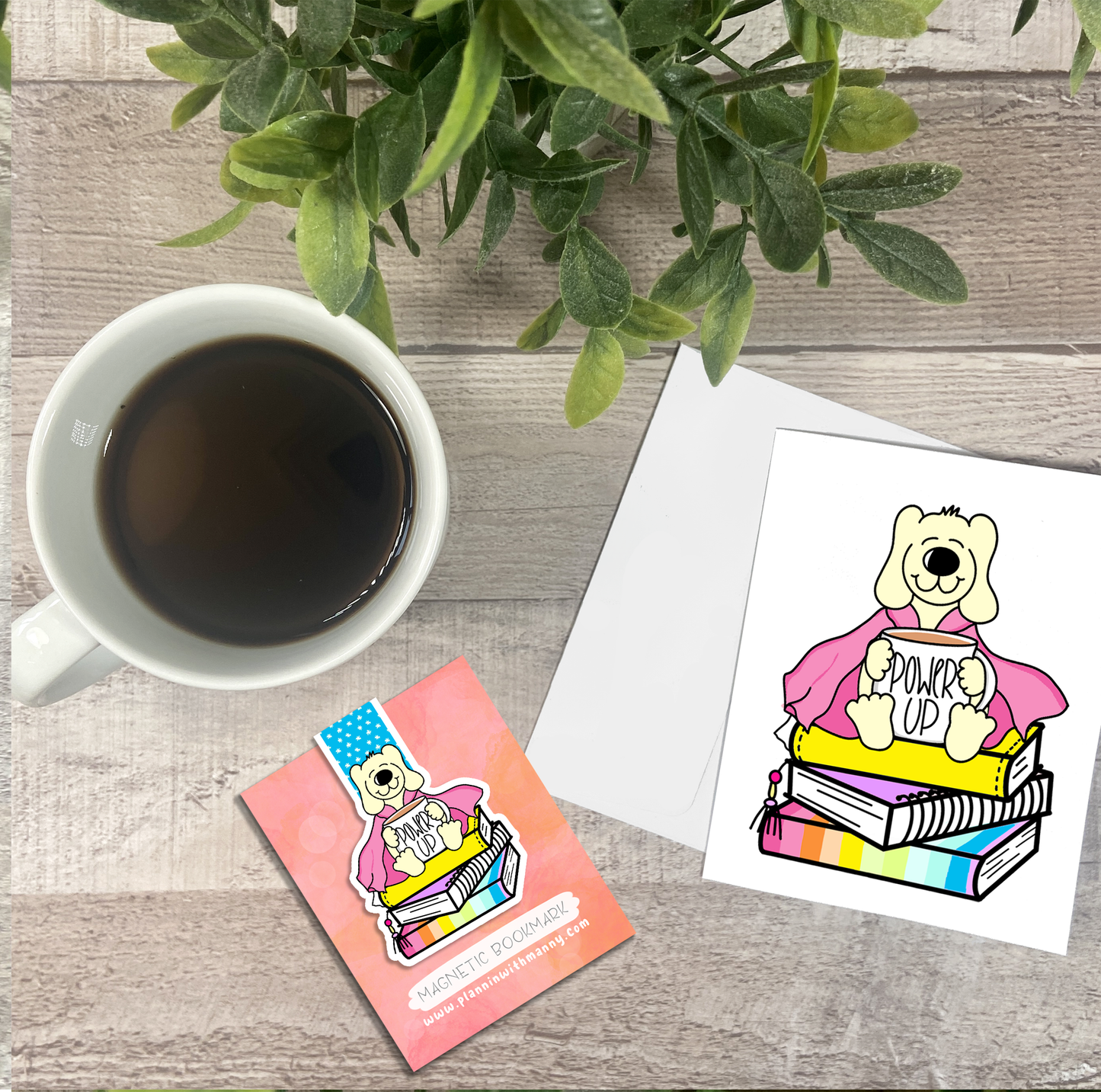 Power Up Books and Coffee... Vinyl Sticker, Magnetic Bookmark, & Notecard MB83