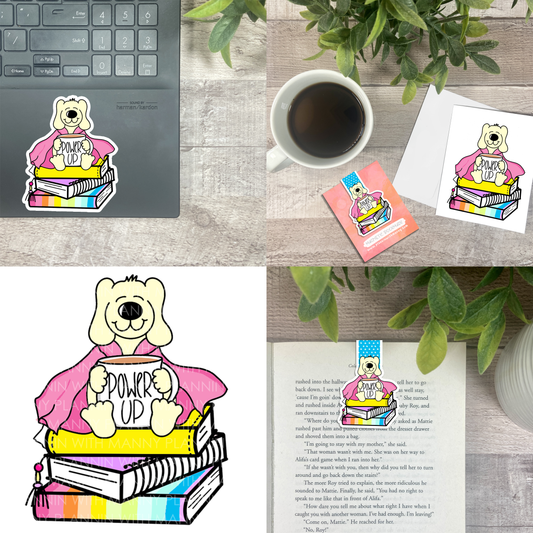 Power Up Books and Coffee... Vinyl Sticker, Magnetic Bookmark, & Notecard MB83