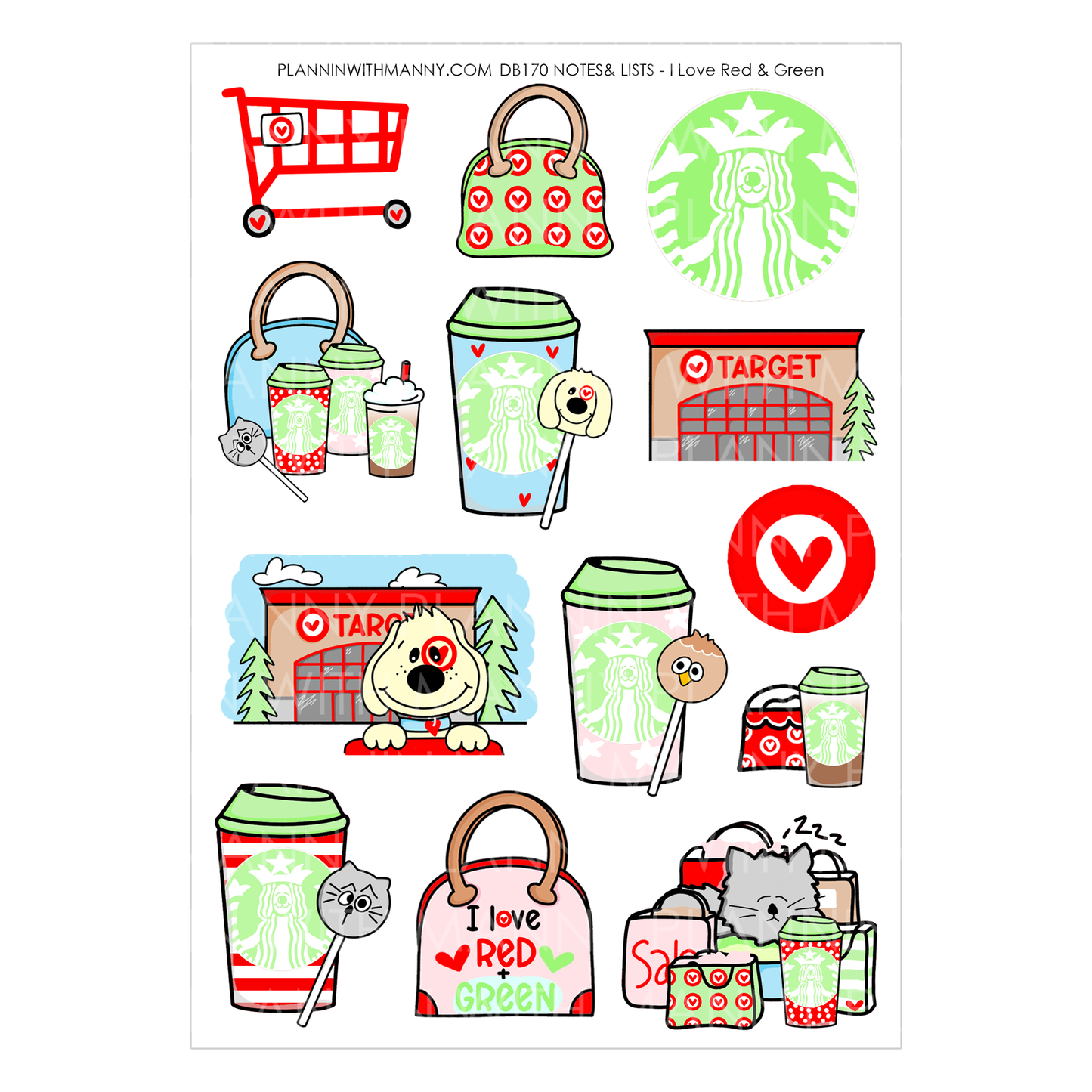 I Love Red & Green Sticker Sheet Set