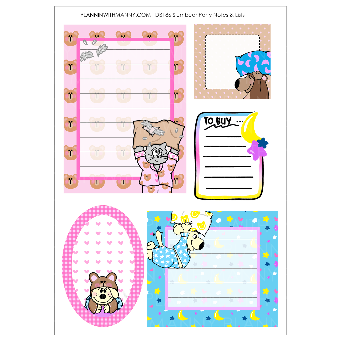 DB186 Slumbear Party Notes Sticker Sheet