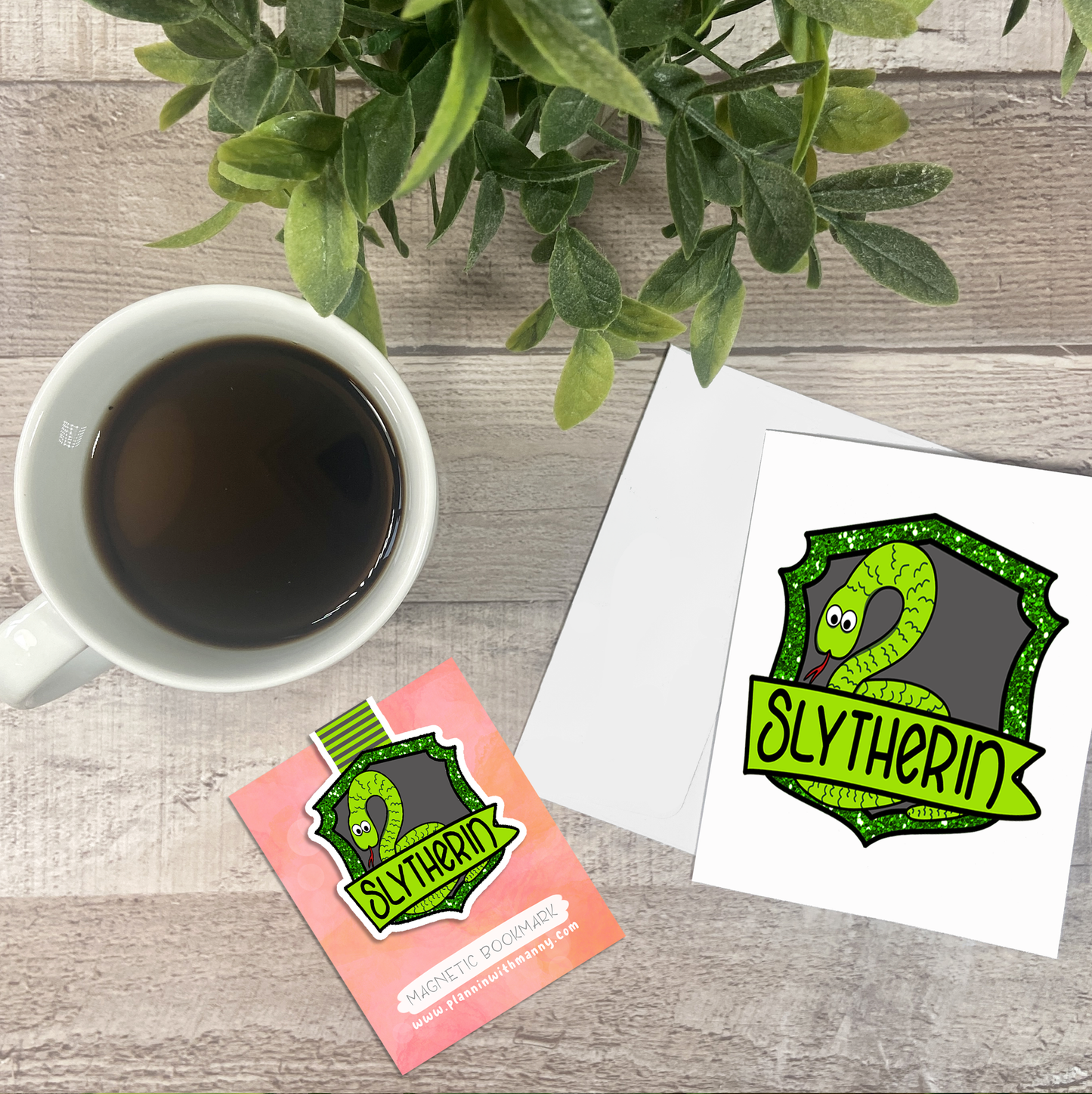 Green Wizard House Crest Vinyl Sticker, Magnetic Bookmark, & Notecard MB15