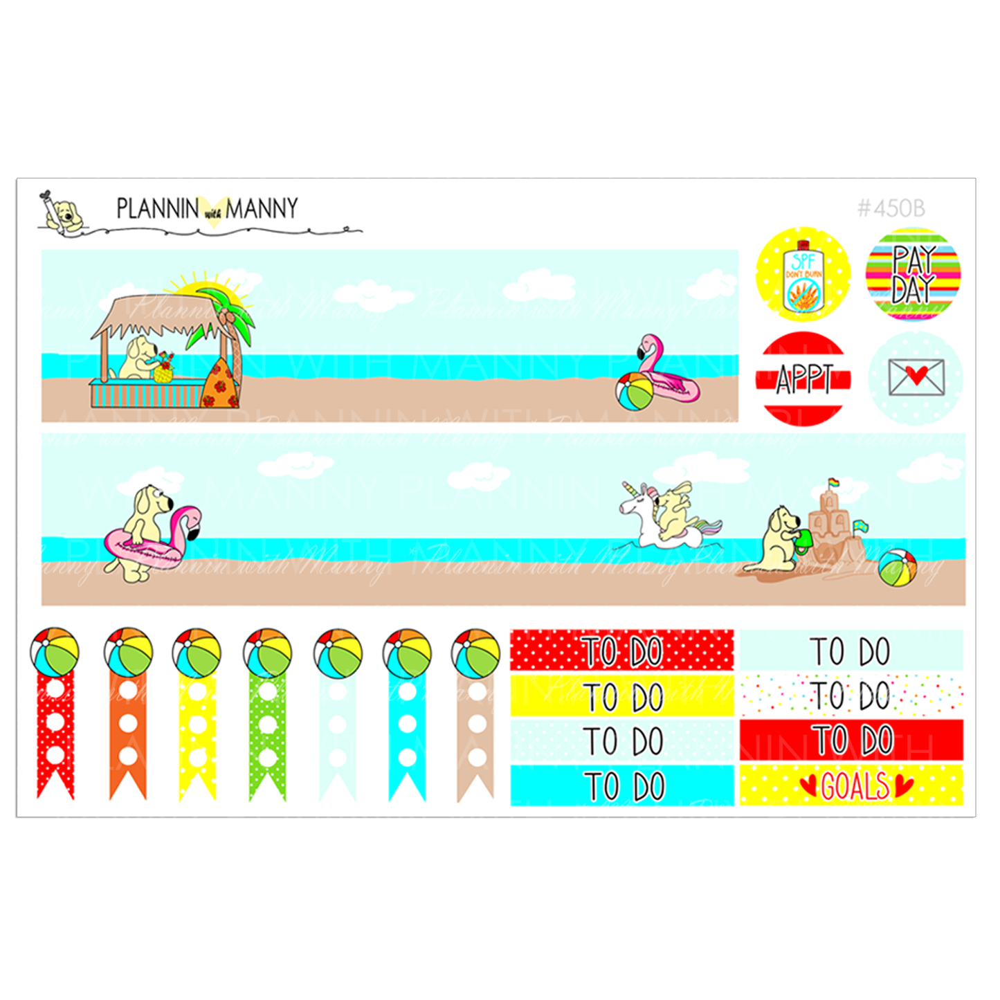 450 kit,BEACHIN MANNY MINI Weekly Set, Erin Condren, Vertical, Beach Stickers