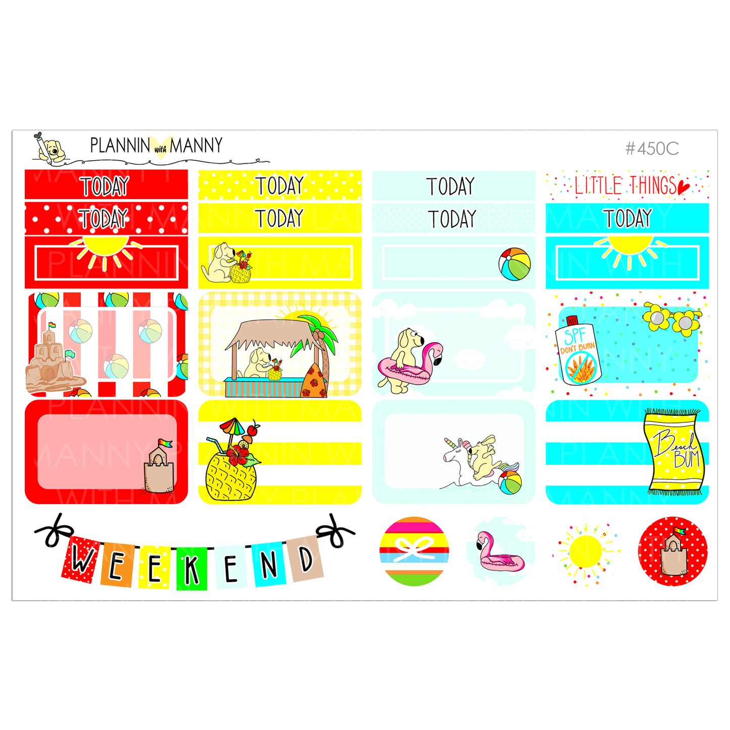 450 kit,BEACHIN MANNY MINI Weekly Set, Erin Condren, Vertical, Beach Stickers