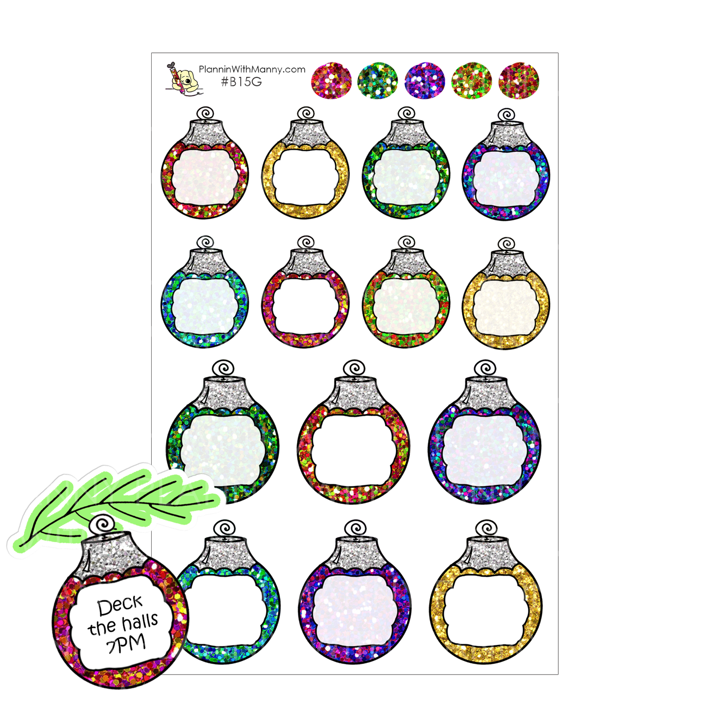 B15G Glitter Christmas Bulb Write in Planner Stickers