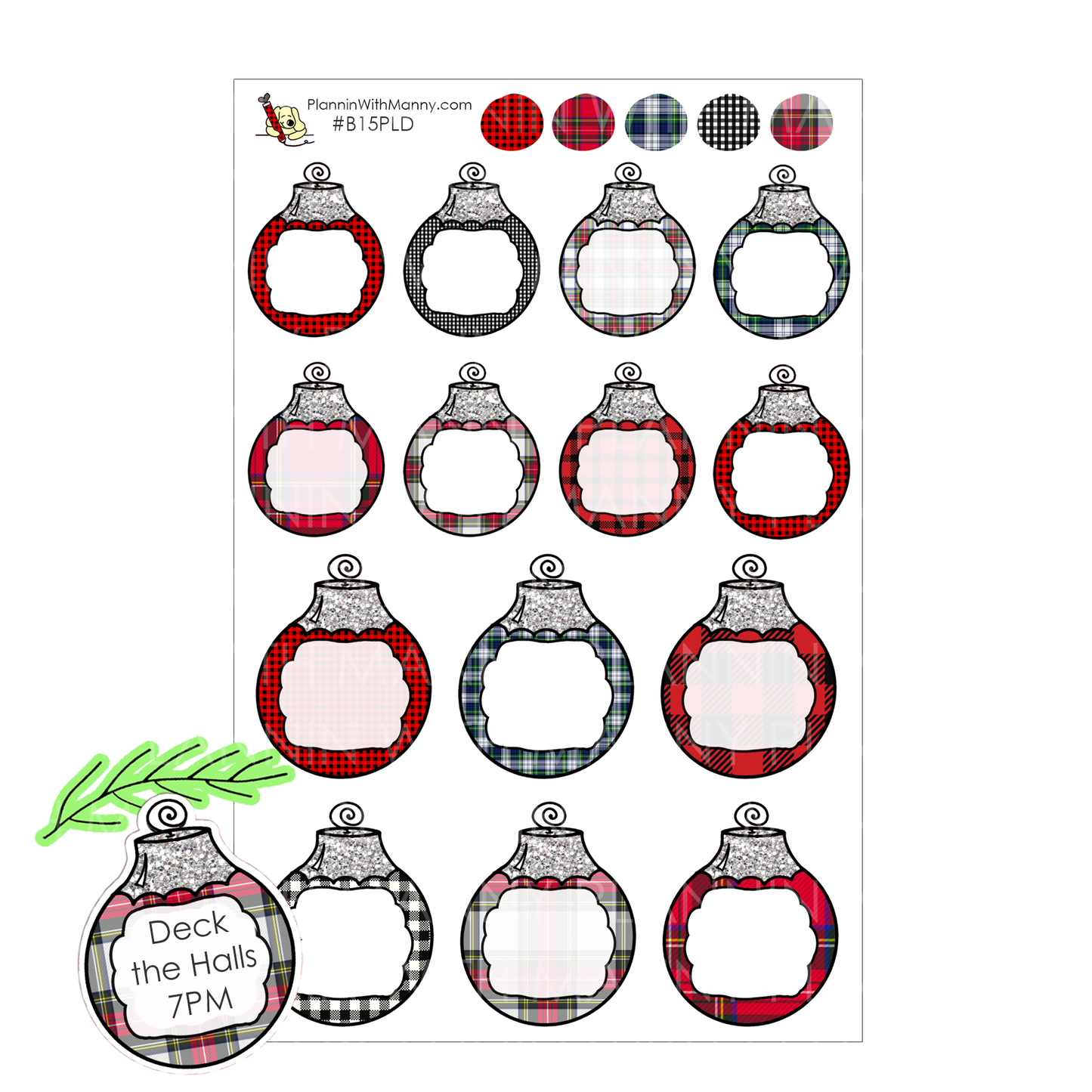 B15PLD Plaid Christmas Bulb Write In Planner Stickers