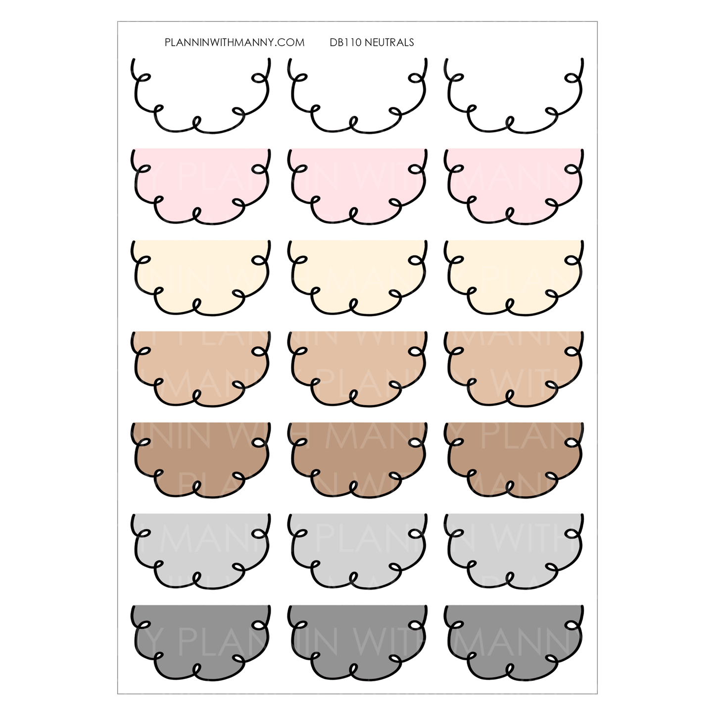 DB110 NEUTRAL 1.5"  Doodle Half Circle Planner Stickers